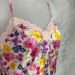 Vtg Y2k Pink Floral Satin Lace Trim Cami Top Womens sz M Coquette Fairycore